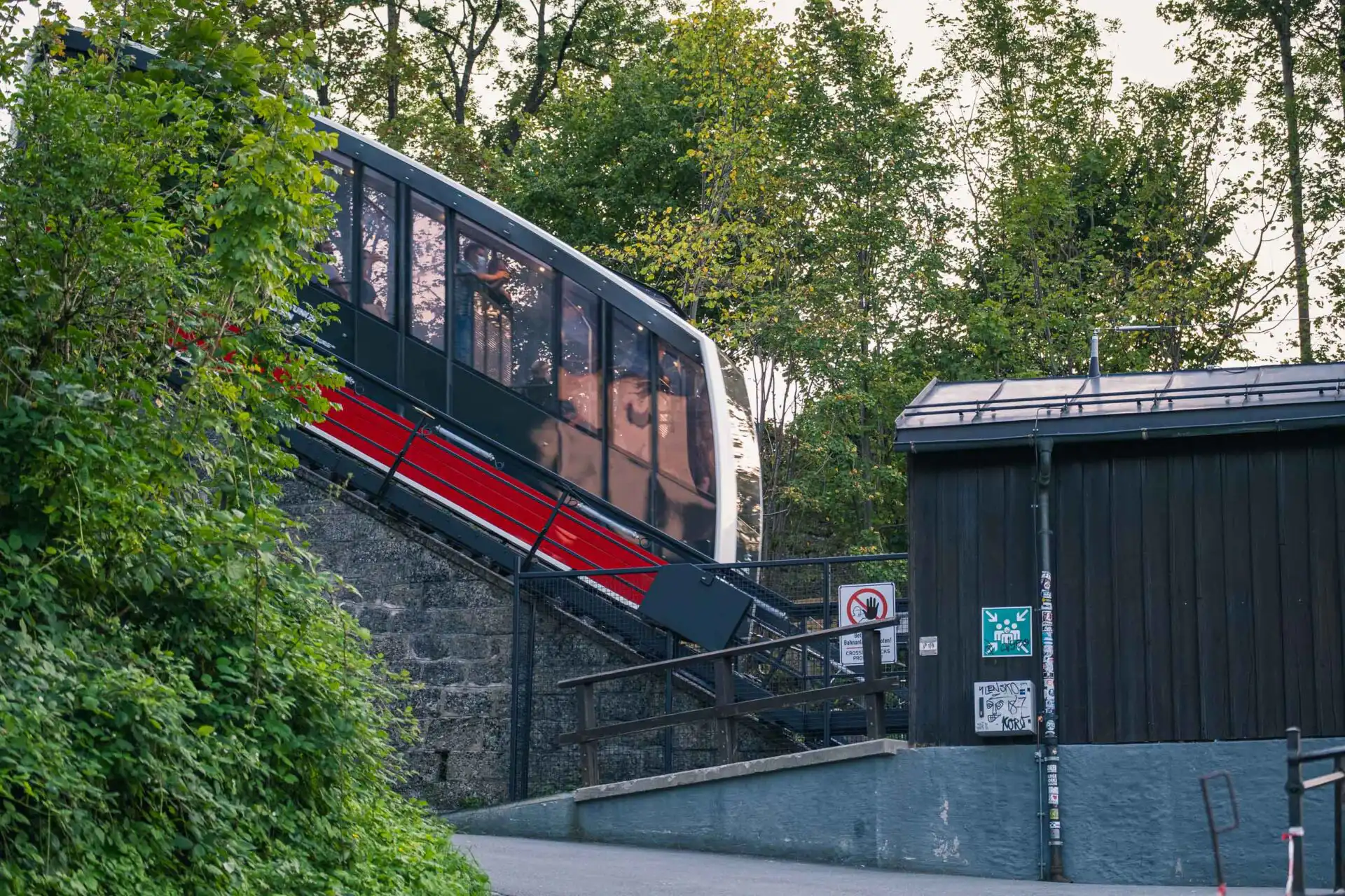 A Festungsbahn funicular car on the rack track up to Hohensalzburg fortress
