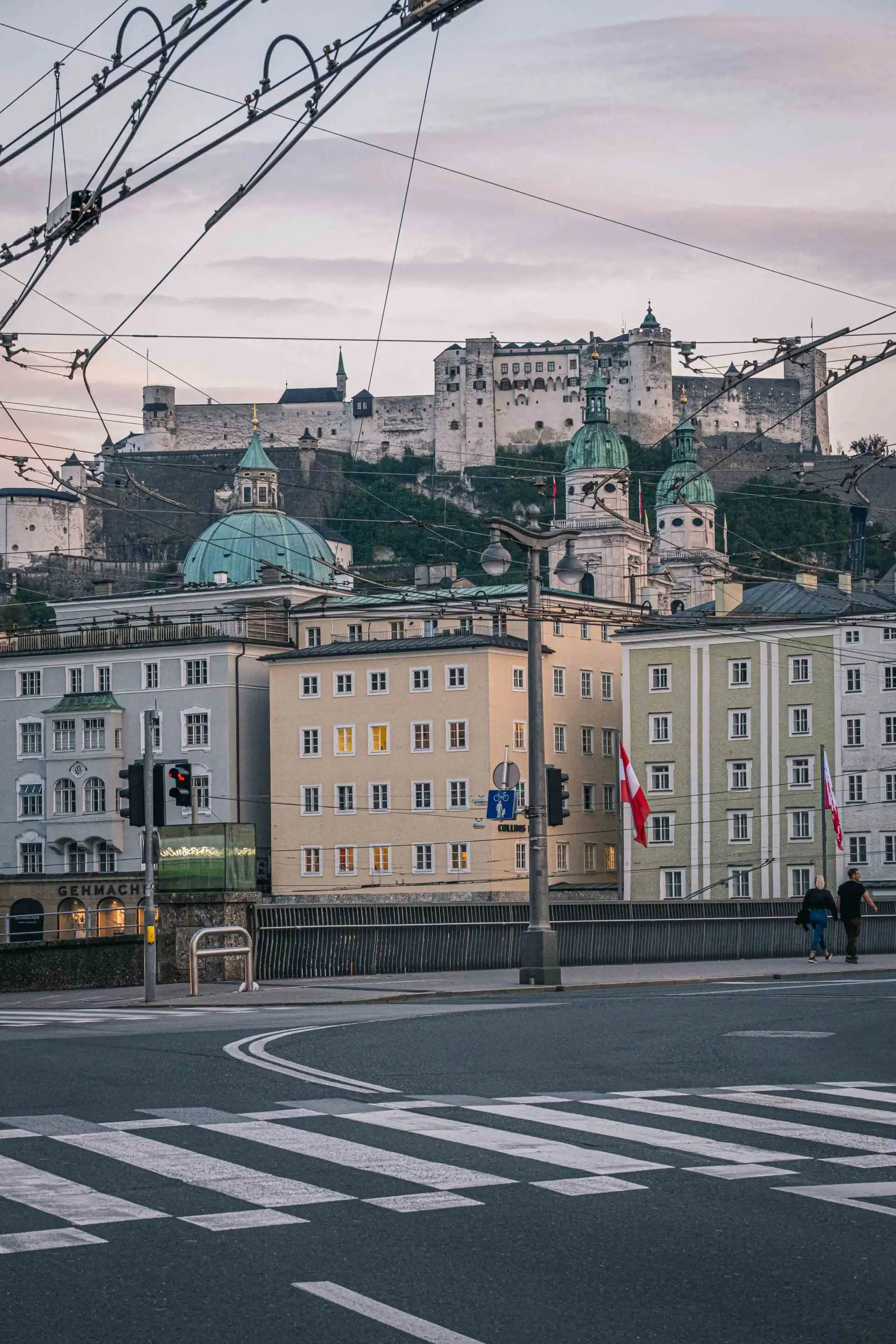 Looking toward the fortress from the Staatsbrucke bridge over the Salzach