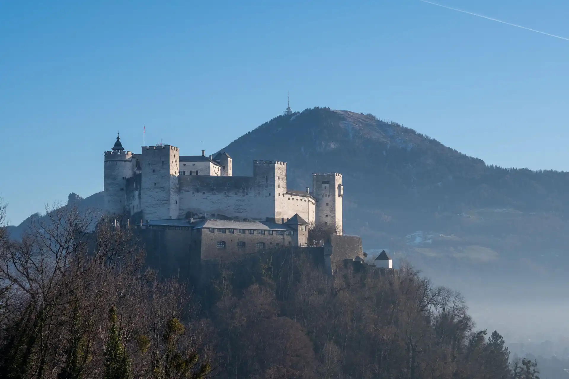 The view over Salzburg rooftops from the Monchsberg cliff terrace
