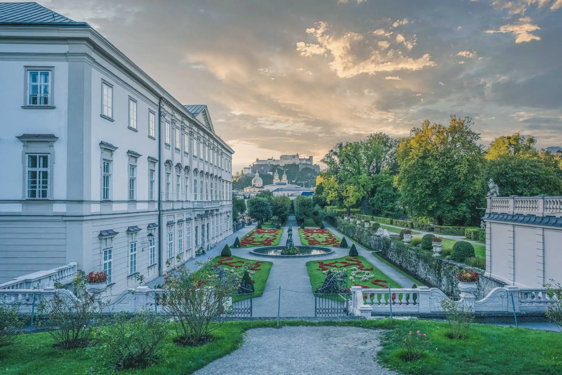 Sunrise over Mirabell Gardens with Hohensalzburg in view