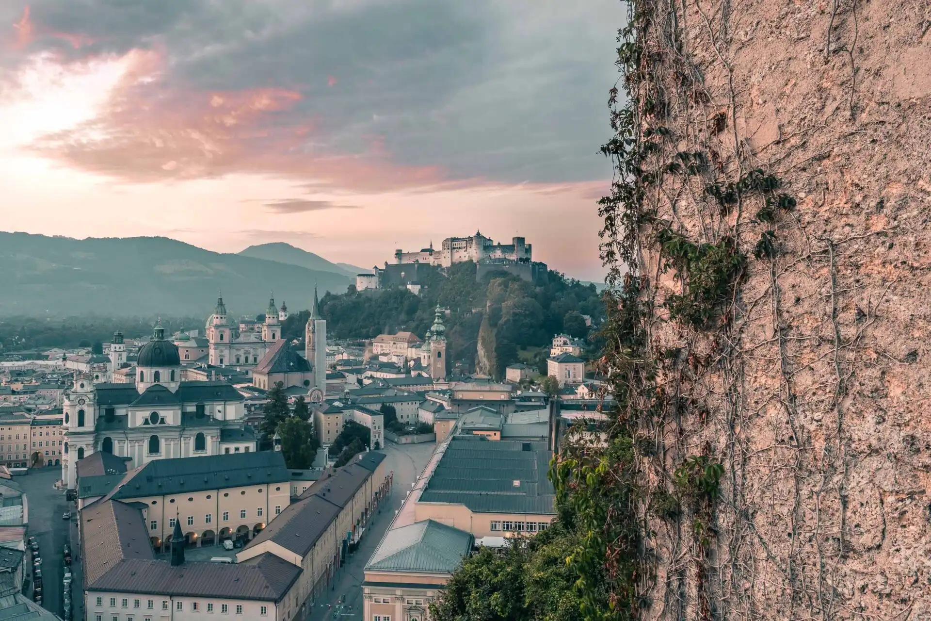View over the old town rooftops from the Moenchsberg terrace