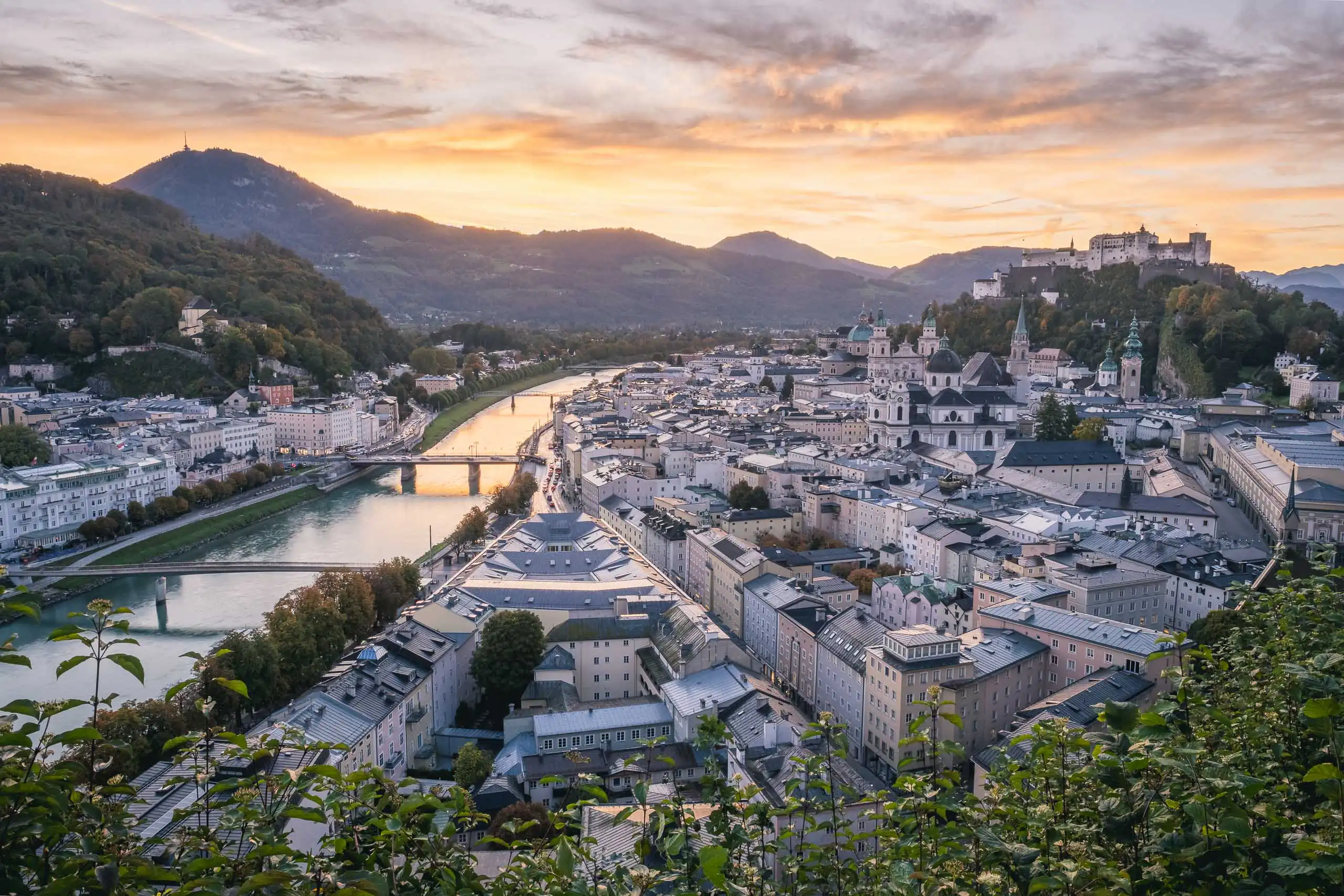 Salzburg old town panorama at dusk from the Kapuzinerberg, the city the film could not fully capture