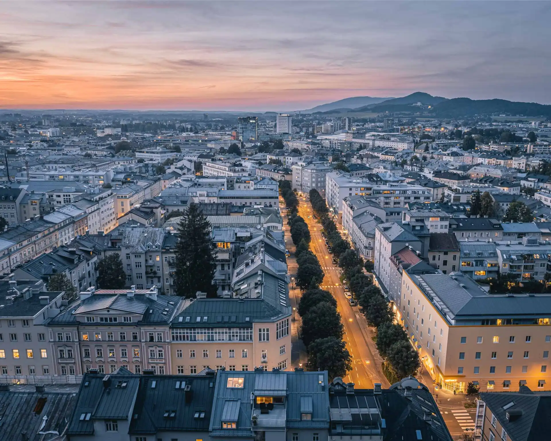 salzburg neustadt linzer gasse dusk aerial 01