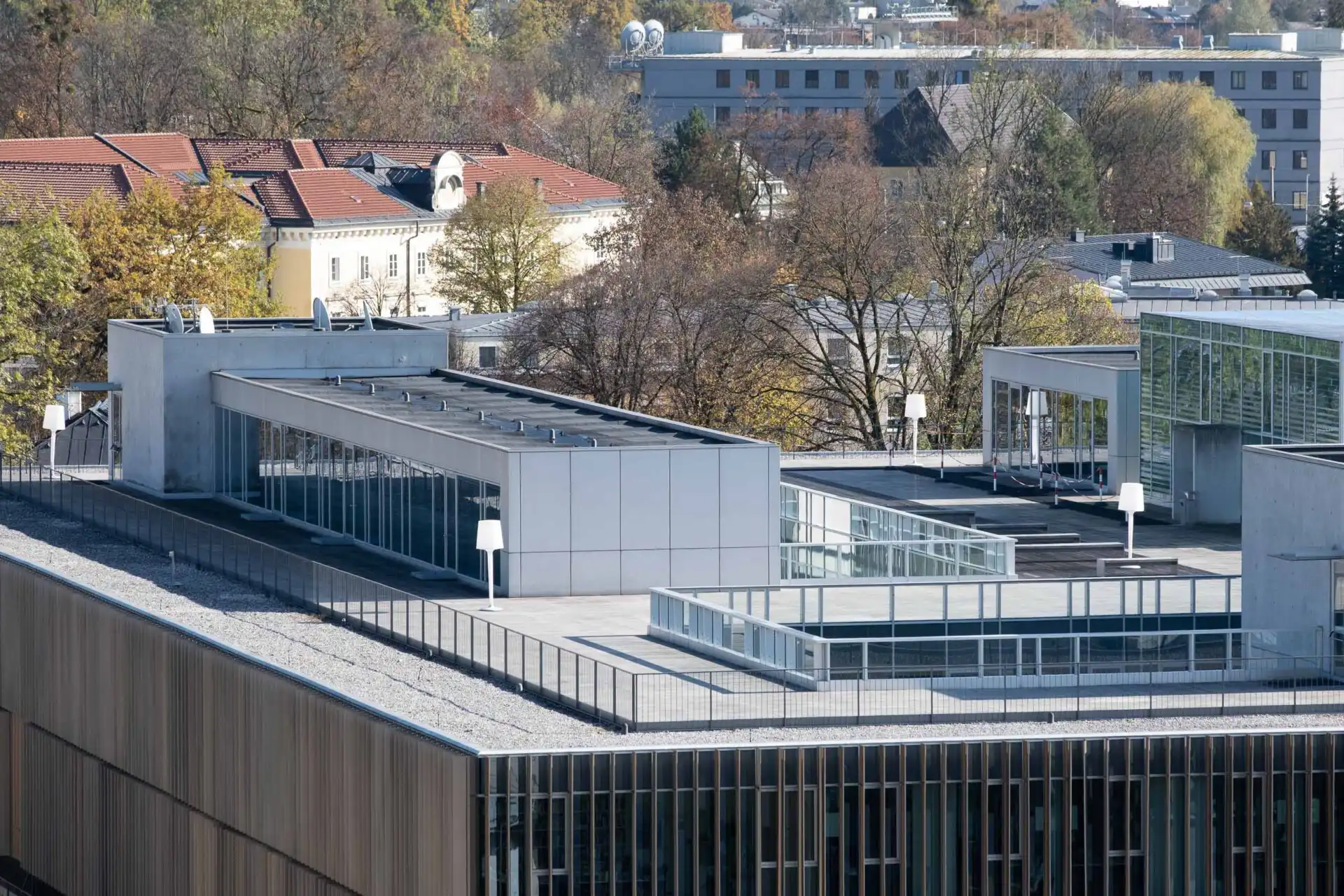 glass rooftop terraces of the unipark nonntal university building in salzburg.