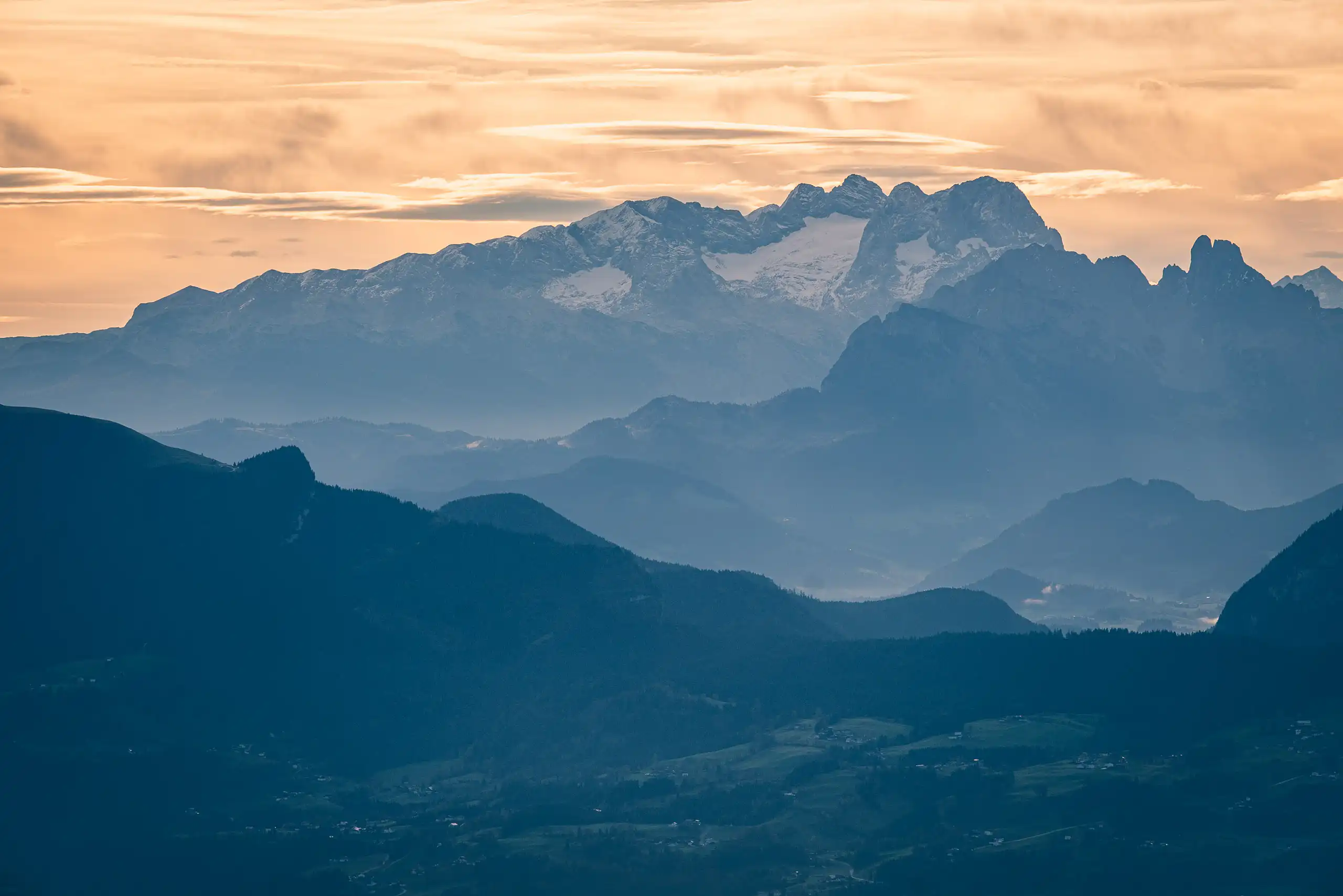 Hoher Göll at sunrise, alpine terrain south toward Werfen