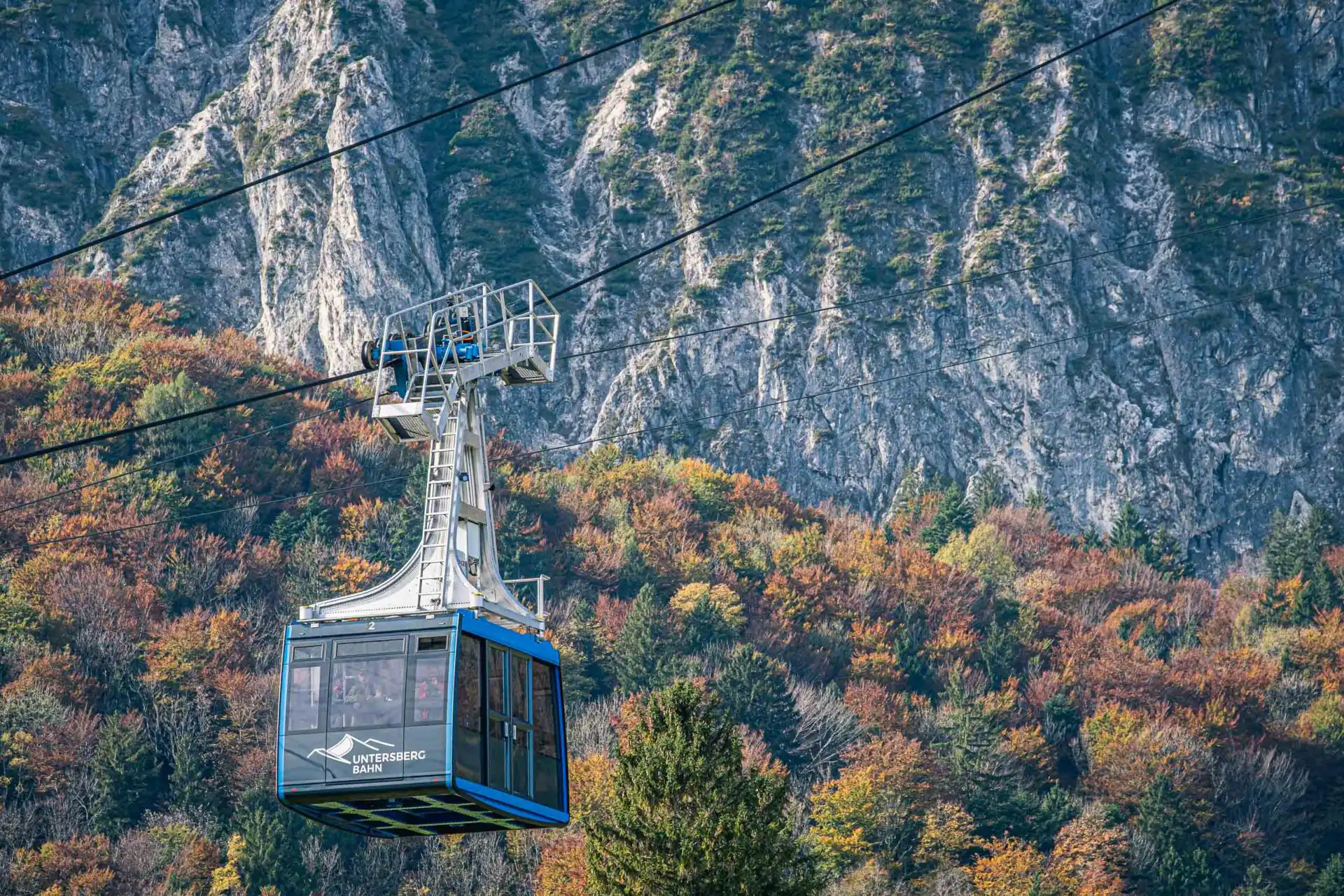 Untersbergbahn cable car cabin against the cliffs