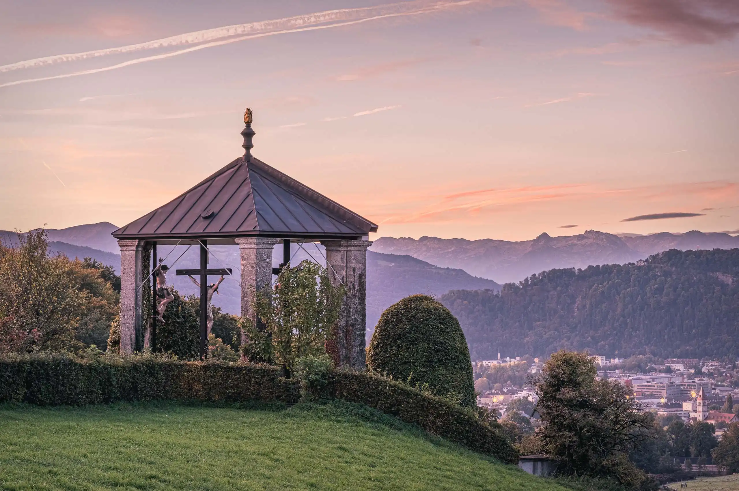 A quiet wayside pavilion at sunset
